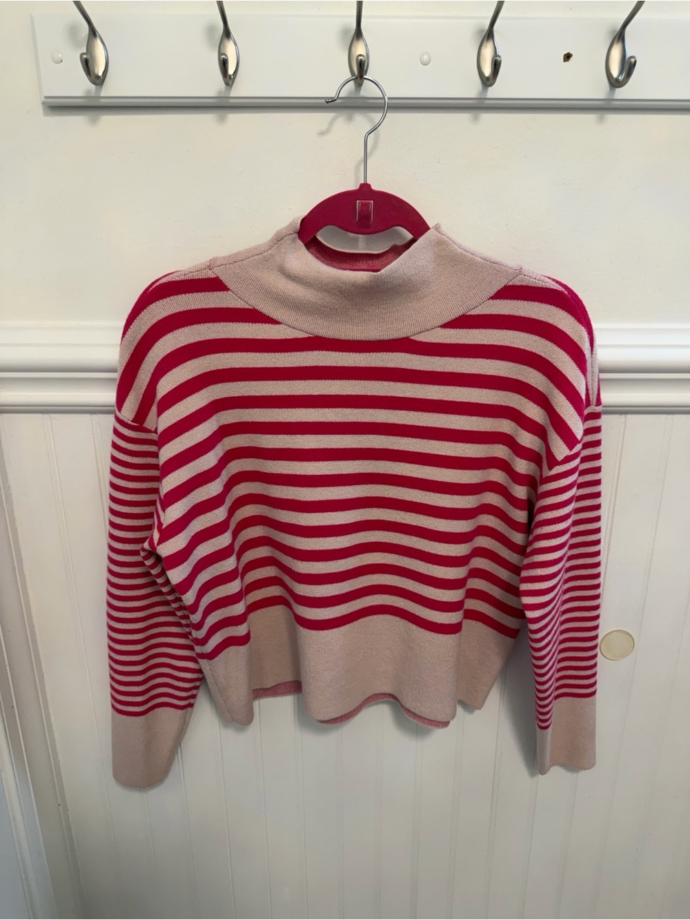 Maeve Pink & Cream Striped Mock Neck Sweater